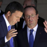 French President Hollande and Italian Prime Minister Renzi leave the Hotel Marigny in Paris