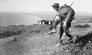 An Australian soldier carrying his wounded comrade at Gallipoli in 1915