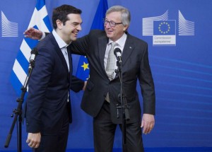 European Commission President Juncker welcomes Greek Prime Minister Tsipras, ahead of a meeting at the EU Commission headquarters in Brussels